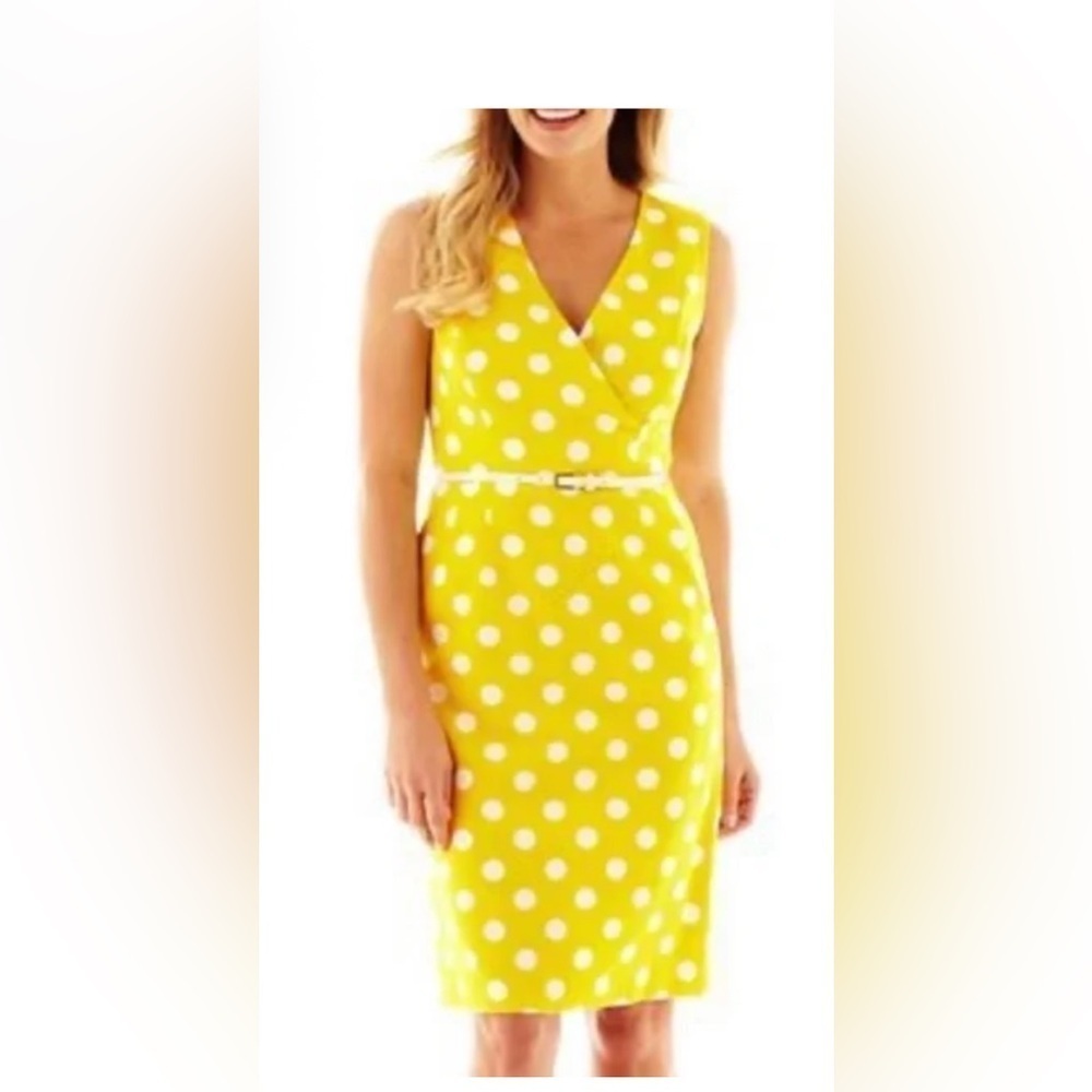 Evan Picone Yellow White Polka Dot Sleeveless Sheath Dress 12 Black Label V-Neck